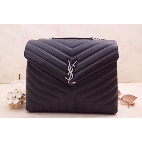 YSL Medium Loulou Chain Bags Black Leather Silver Hardware YSL Medium Loulou Chain Bags Black Leather Silver Hardware