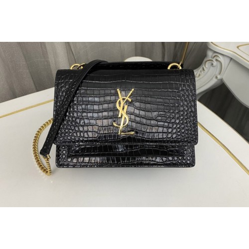 YSL SUNSET CHAIN WALLET Bag IN Black CROCODILE-EMBOSSED SHINY LEATHER Gold Buckle YSL SUNSET CHAIN WALLET Bag IN Black CROCODILE-EMBOSSED SHINY LEATHER Gold Buckle