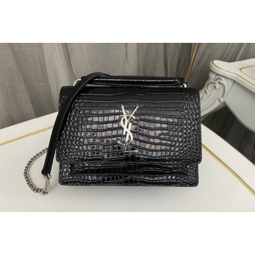 YSL SUNSET CHAIN WALLET Bag IN Black CROCODILE-EMBOSSED SHINY LEATHER Silver Buckle YSL SUNSET CHAIN WALLET Bag IN Black CROCODILE-EMBOSSED SHINY LEATHER Silver Buckle