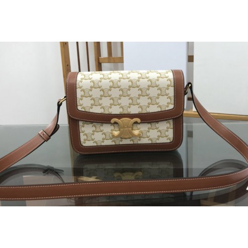 Celine CLASSIQUE TRIOMPHE BAG IN White TRIOMPHE CANVAS AND Tan CALFSKIN Celine CLASSIQUE TRIOMPHE BAG IN White TRIOMPHE CANVAS AND Tan CALFSKIN
