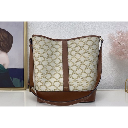 Celine MEDIUM BUCKET IN White TRIOMPHE CANVAS AND TAN CALFSKIN Celine MEDIUM BUCKET IN White TRIOMPHE CANVAS AND TAN CALFSKIN