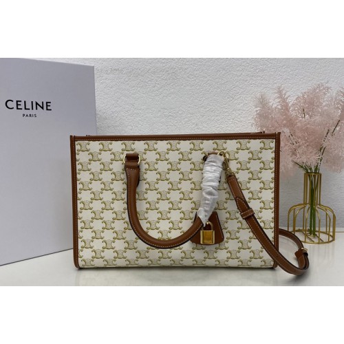 Celine MINI HORIZONTAL CABAS Bag IN White TRIOMPHE CANVAS AND Tan CALFSKIN Celine MINI HORIZONTAL CABAS Bag IN White TRIOMPHE CANVAS AND Tan CALFSKIN