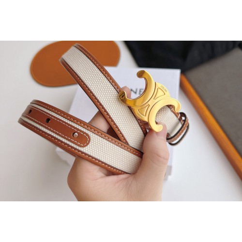 Celine 45B422 MEDIUM TRIOMPHE BELT IN White CANVAS AND Tan CALFSKIN Celine 45B422 MEDIUM TRIOMPHE BELT IN White CANVAS AND Tan CALFSKIN