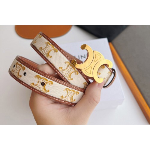Celine 45B422 MEDIUM TRIOMPHE BELT IN White TRIOMPHE CANVAS AND Tan CALFSKIN Celine 45B422 MEDIUM TRIOMPHE BELT IN White TRIOMPHE CANVAS AND Tan CALFSKIN