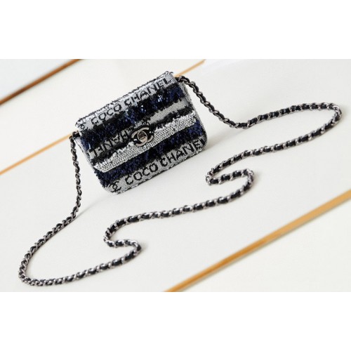 Chanel Mini Flap Bag in Black/White/Blue Sequins Chanel Mini Flap Bag in Black/White/Blue Sequins