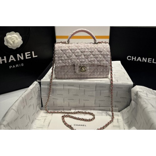 Chanel AS2431 Mini Classic Handbag with Top Handle in Pink Sequin Embroidered Tweed Chanel AS2431 Mini Classic Handbag with Top Handle in Pink Sequin Embroidered Tweed