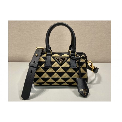 Prada 1BA846 embroidered fabric Boston bag in Black Beige Prada 1BA846 embroidered fabric Boston bag in Black Beige