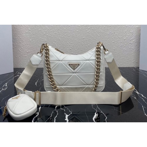 Prada 1BC151 Re-Nylon padded hobo bag in White Leather Prada 1BC151 Re-Nylon padded hobo bag in White Leather