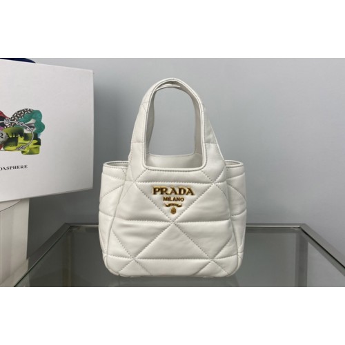 Prada 1BG451 Small nappa-leather tote bag with topstitching in White Leather Prada 1BG451 Small nappa-leather tote bag with topstitching in White Leather