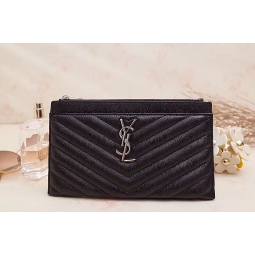 YSL Monogram Bill Pouch in Grain De Poudre Embossed Leather Black Silver Hardware YSL Monogram Bill Pouch in Grain De Poudre Embossed Leather Black Silver Hardware