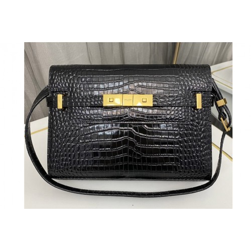 YSL MANHATTAN SMALL SHOULDER BAG IN Black CROCODILE-EMBOSSED LEATHER With Gold Buckle YSL MANHATTAN SMALL SHOULDER BAG IN Black CROCODILE-EMBOSSED LEATHER With Gold Buckle